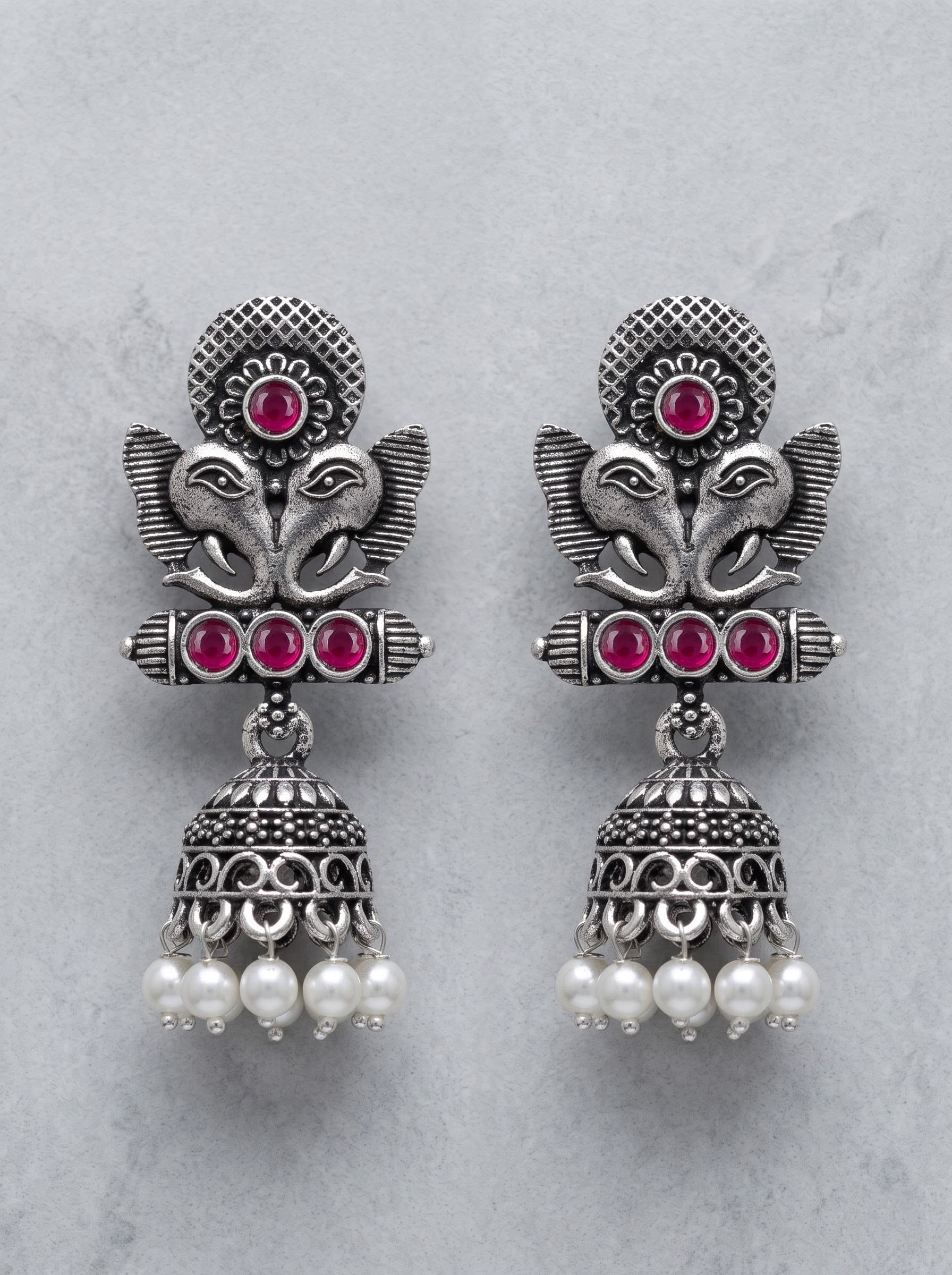 Oxidised silver Ganesha jhumka earrings with pink stones and pearls