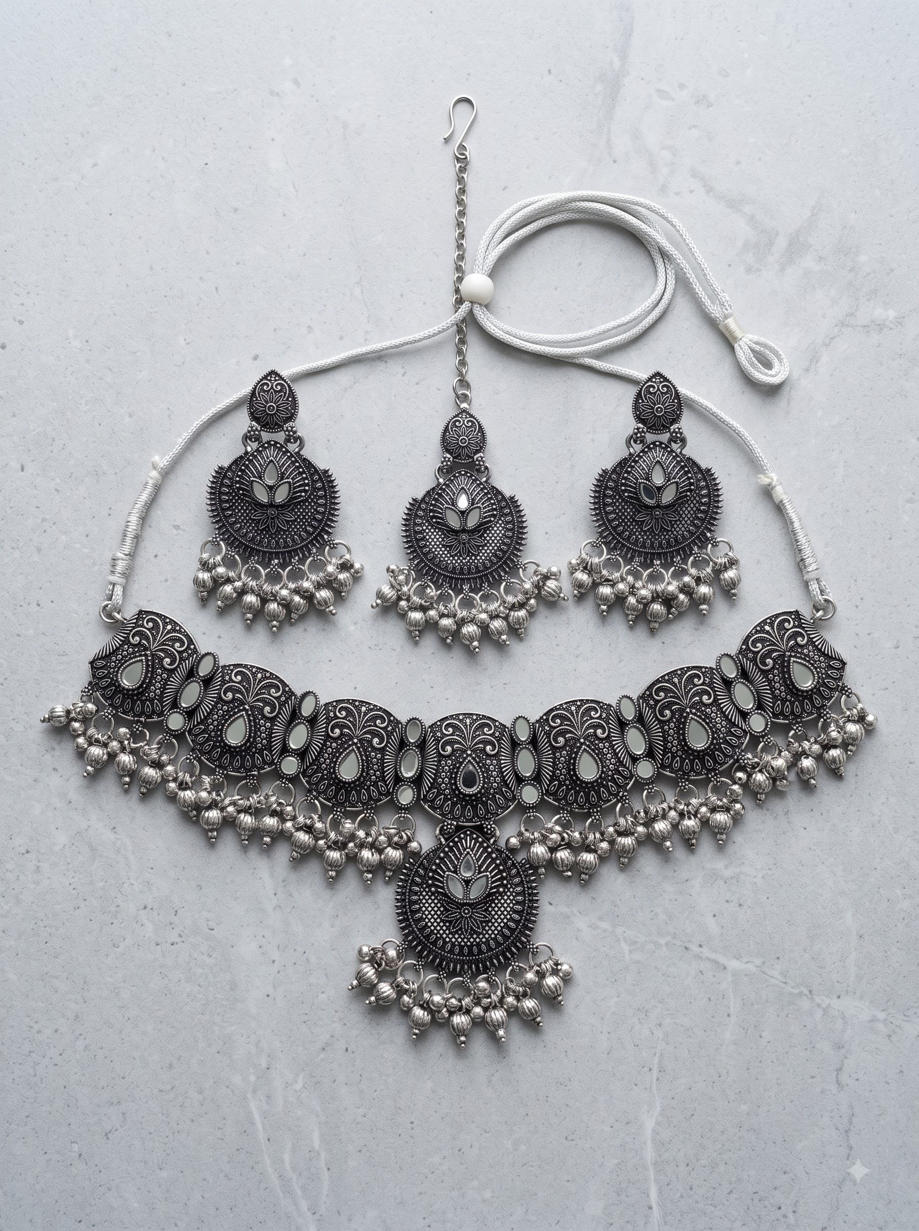 Oxidised silver lotus necklace, earrings and maang tikka