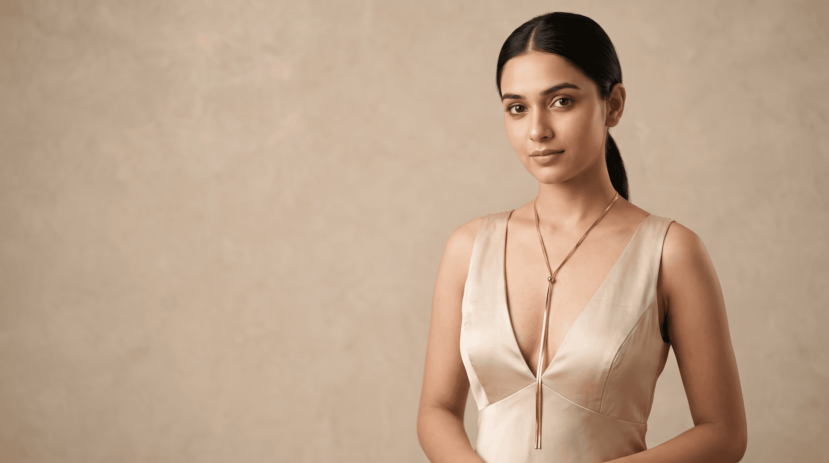 Model in a satin dress wearing a gold lariat necklace