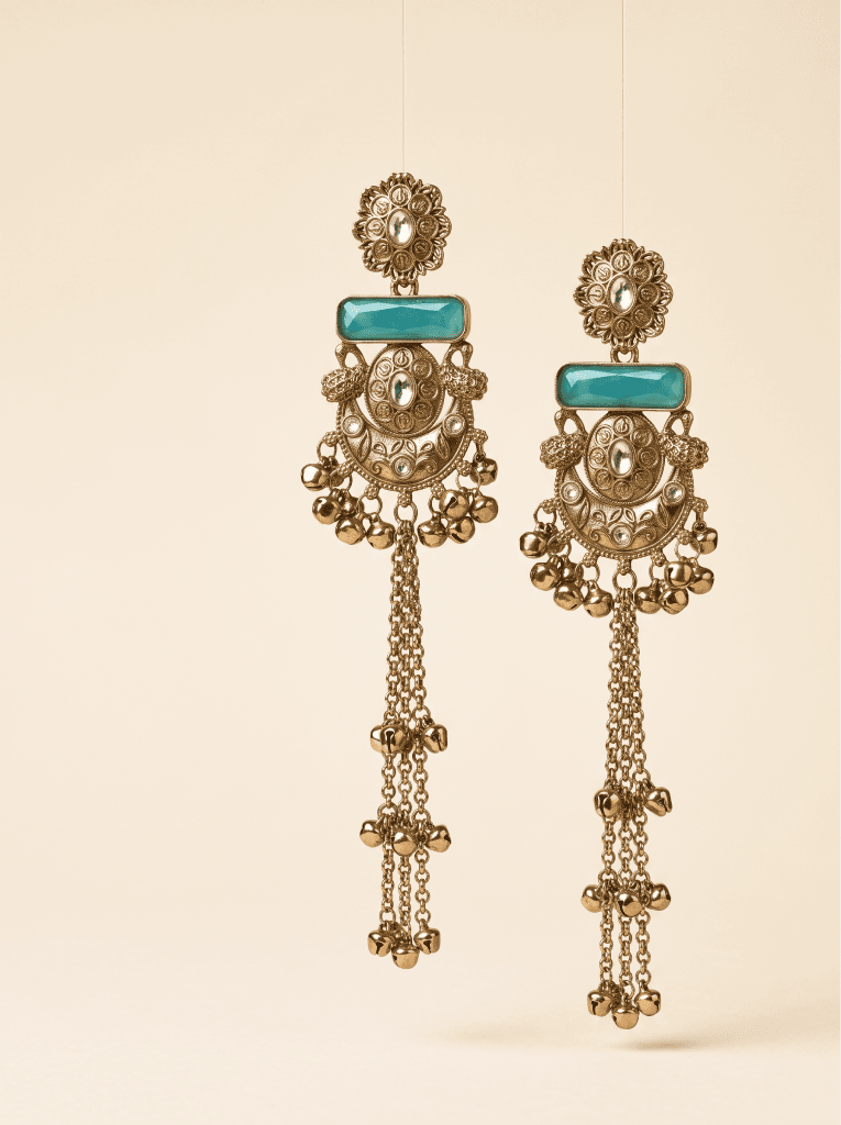 Long gold Kashmiri earrings with turquoise stones