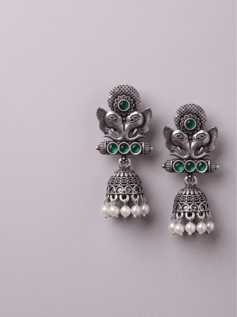 Oxidised silver jhumka earrings with green stones