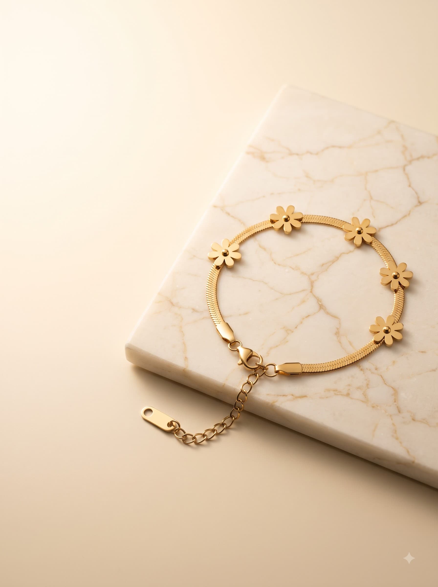 Gold daisy chain bracelet on marble